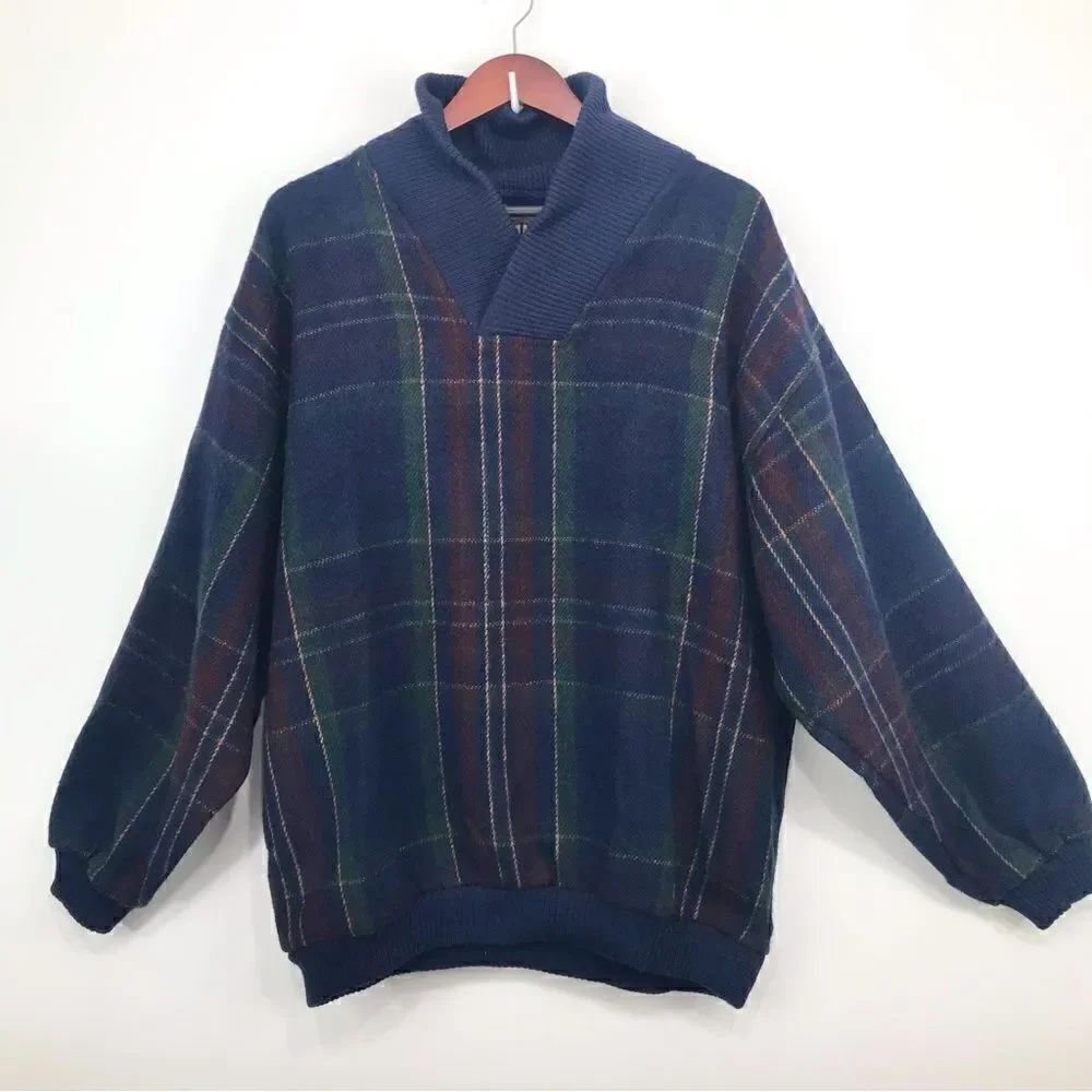 Retro Series by DSI Blue Green Plaid 100% Wool Retro Pullover